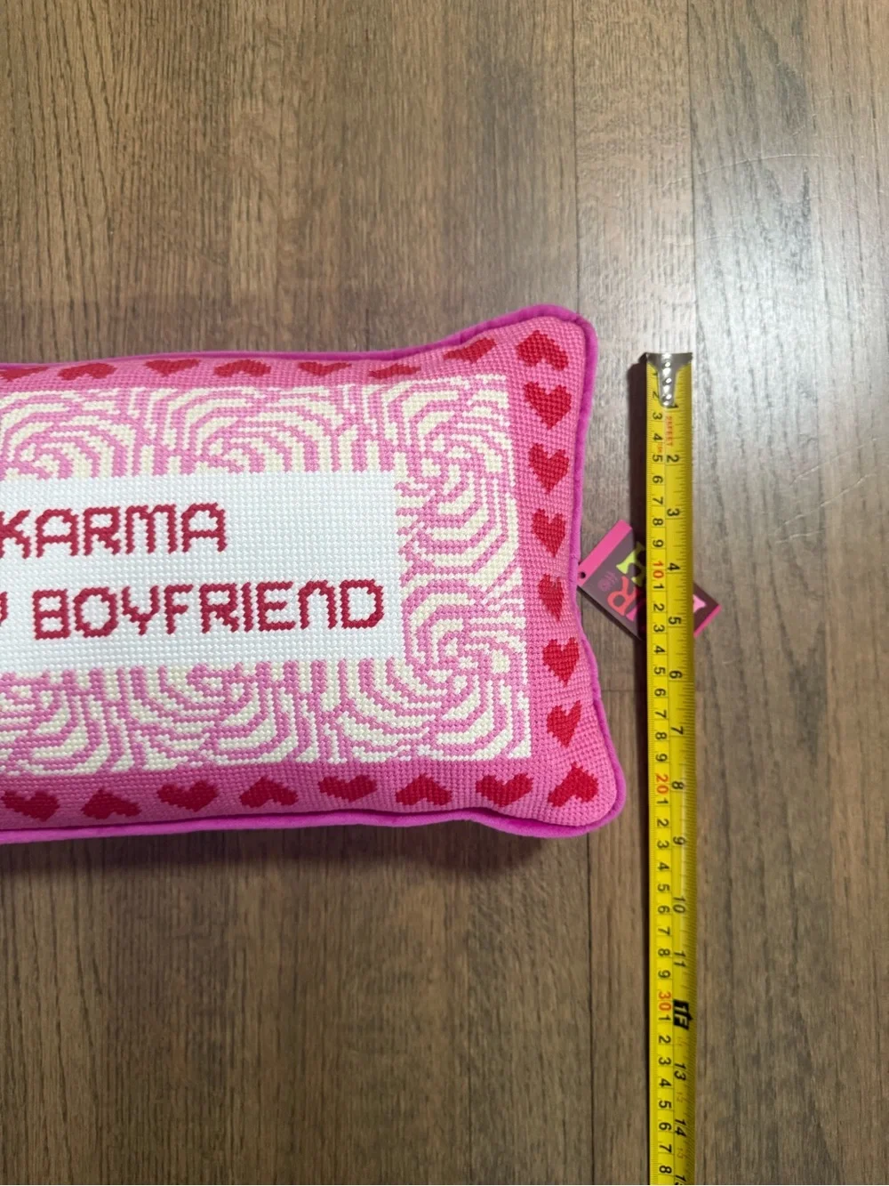 New Furbish Karma Is My Boyfriend Pink Needlepoint Pillow